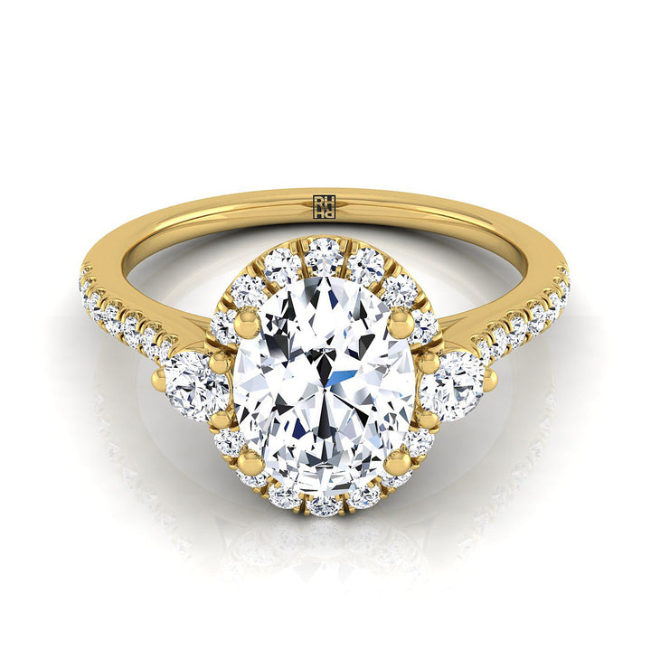 Ivy Select three stone delicate halo oval oval ring in 14K Yellow Gold — view — RockHer