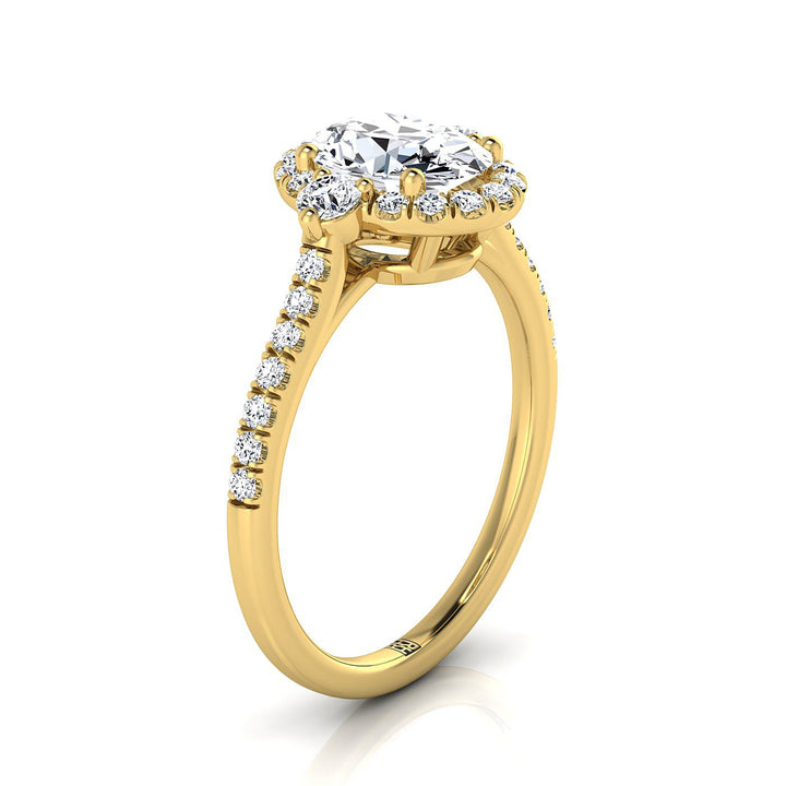 Ivy Select three stone delicate halo oval oval ring in 14K Yellow Gold — view — RockHer