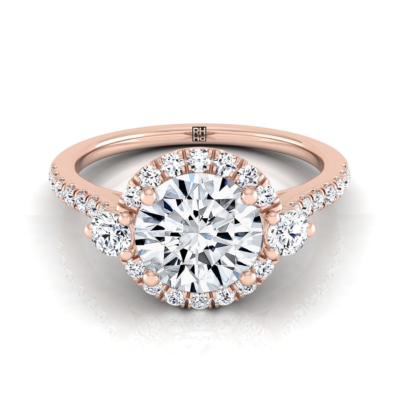 Round Brilliant, Three Stone Delicate Halo, in 14K Rose Gold, pave setting | RockHer