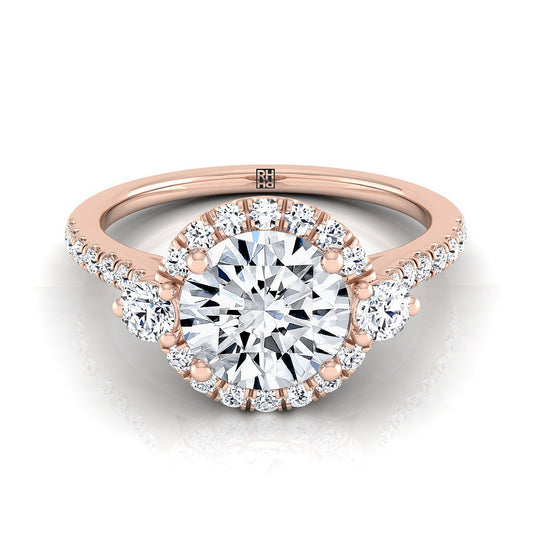 Round Brilliant, Three Stone Delicate Halo, in 14K Rose Gold, pave setting | RockHer