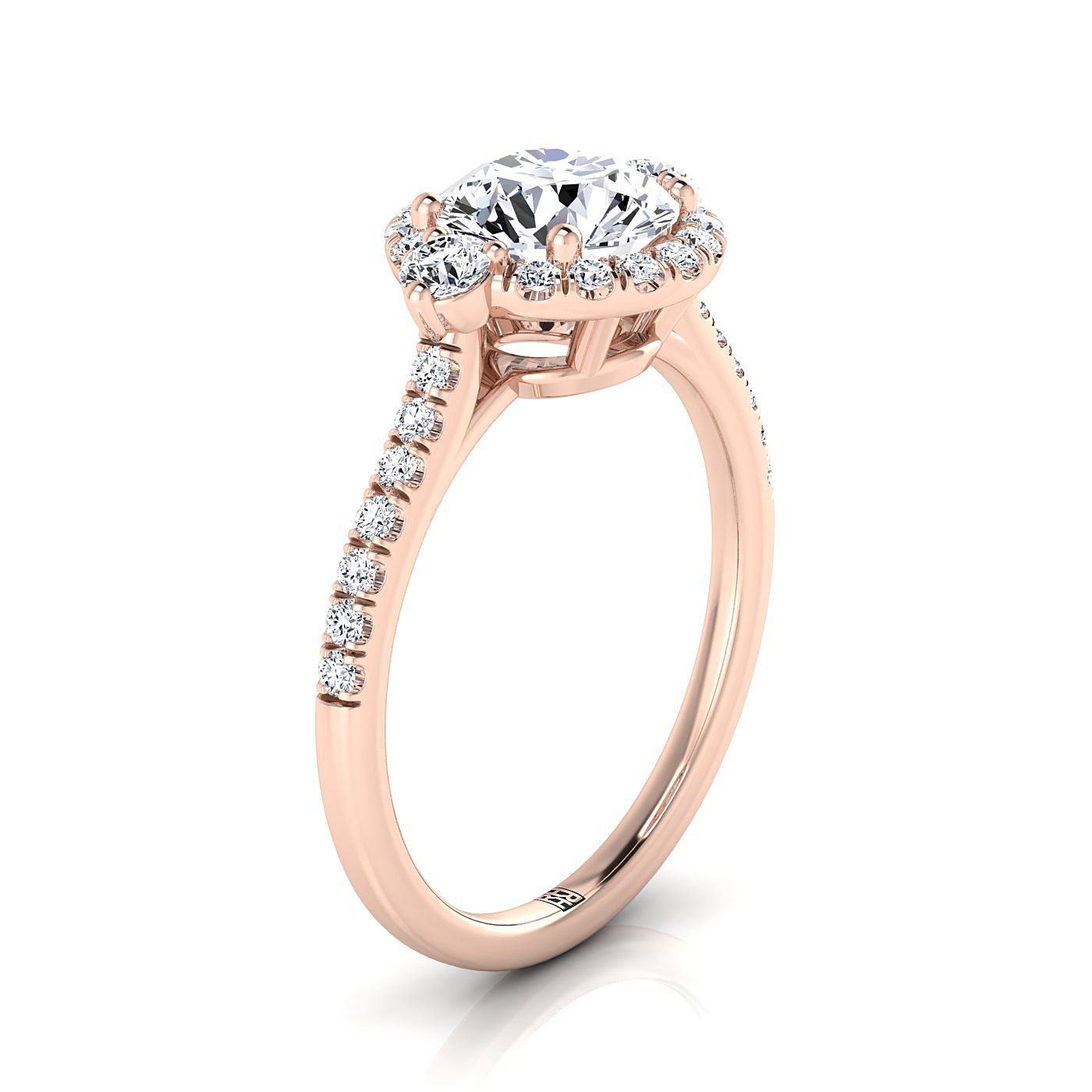 Round Brilliant, Three Stone Delicate Halo, in 14K Rose Gold, pave setting – side profile | RockHer
