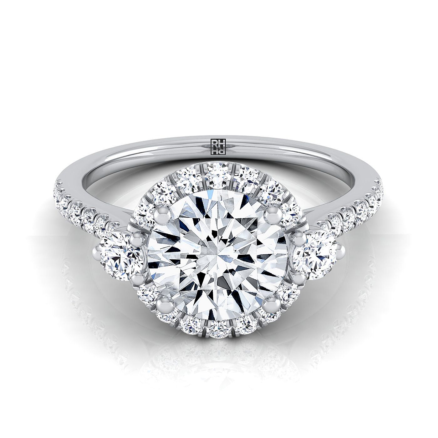 Round Brilliant, Three Stone Delicate Halo, in 18K White Gold | RockHer