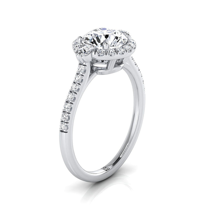 Round Brilliant, Three Stone Delicate Halo, in 18K White Gold – side profile | RockHer