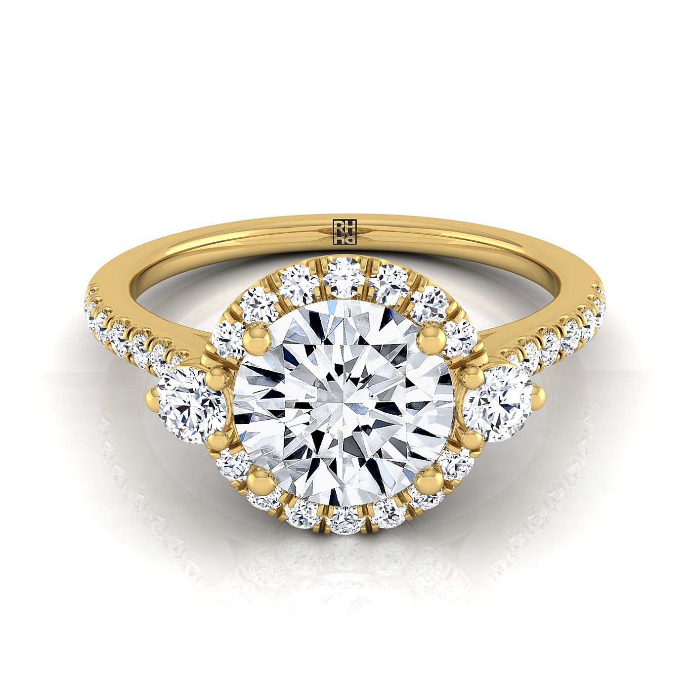 Round Brilliant, Three Stone Delicate Halo, in 18K Yellow Gold | RockHer