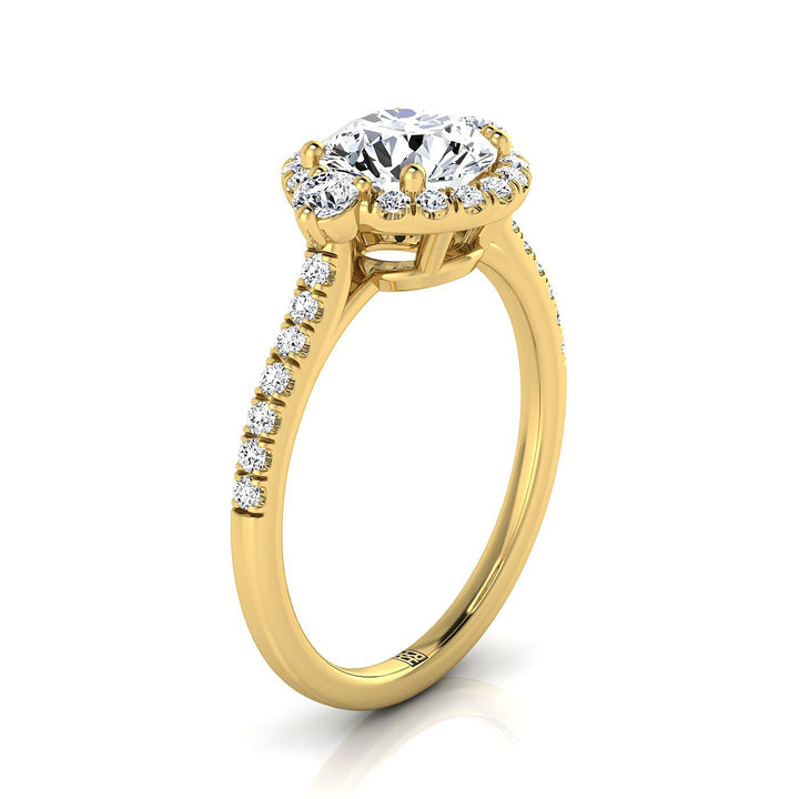 Round Brilliant, Three Stone Delicate Halo, in 18K Yellow Gold – side profile | RockHer