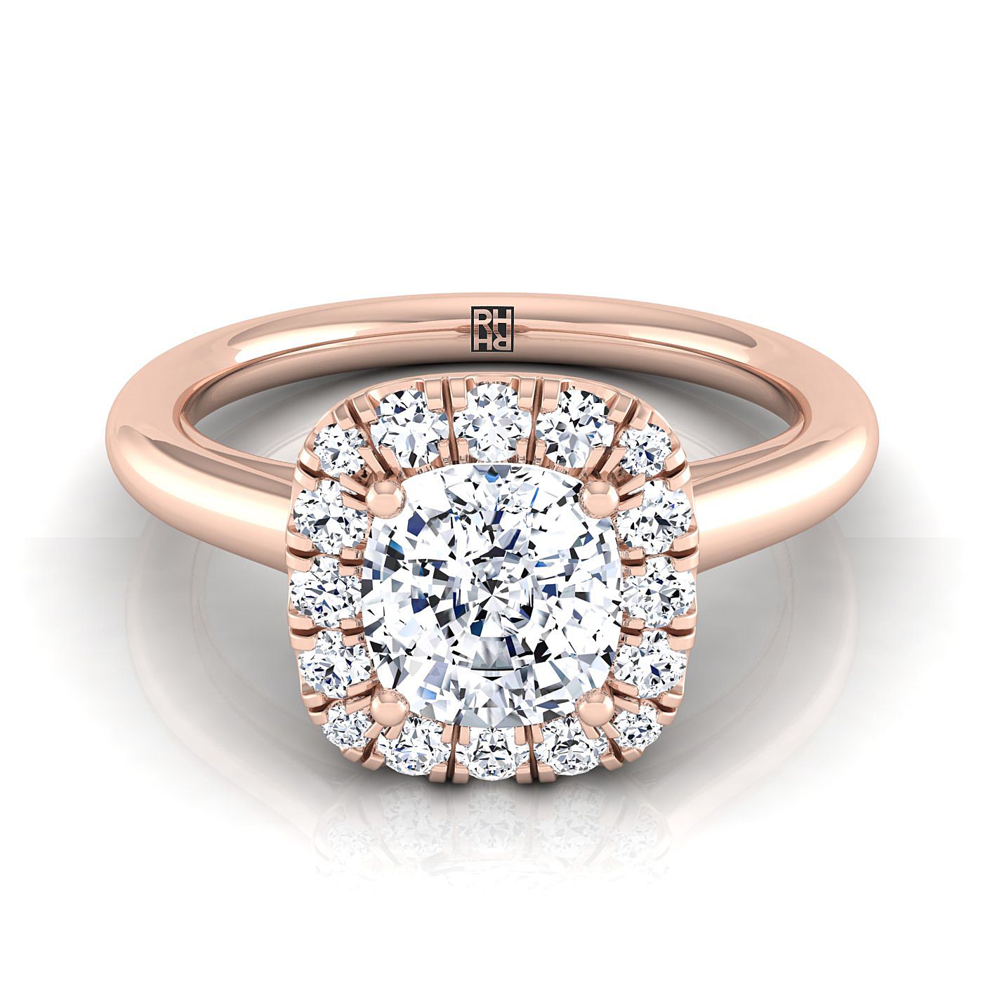 Cushion, High Polish Simple Halo, in 18K Rose Gold, prong setting – view 8 | RockHer