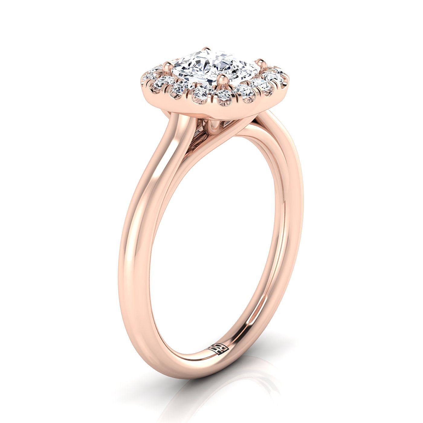 แหวนหมั้นทองคำชมพู 18K ทรงหมอน ประดับเพชรแบบฮาโลที่ดูหรูหราและเรียบง่าย บนแหวนขัดเงาสูง - 1/4ctw