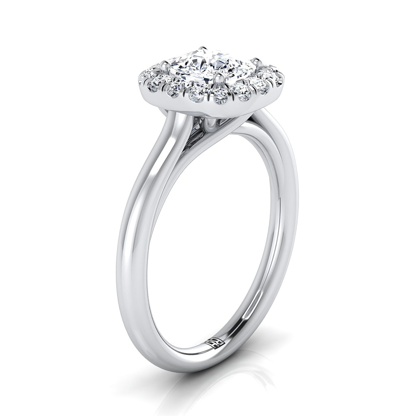 แหวนหมั้นทองคำขาว 18K ทรงหมอนประดับเพชร ดีไซน์หรูหราและเรียบง่ายแบบฮาโล่บนแหวนขัดเงาสูง - 1/4 กะรัตรวม