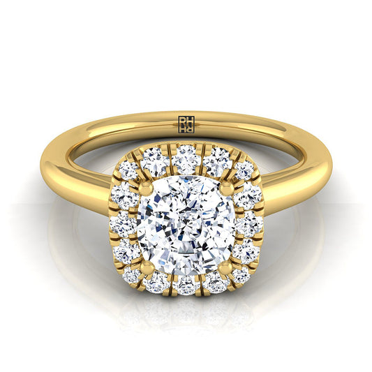 แหวนหมั้นทองคำเหลือง 18K ทรงหมอนประดับเพชร ดีไซน์หรูหราและเรียบง่ายแบบฮาโล่บนแหวนขัดเงาสูง - 1/4ctw