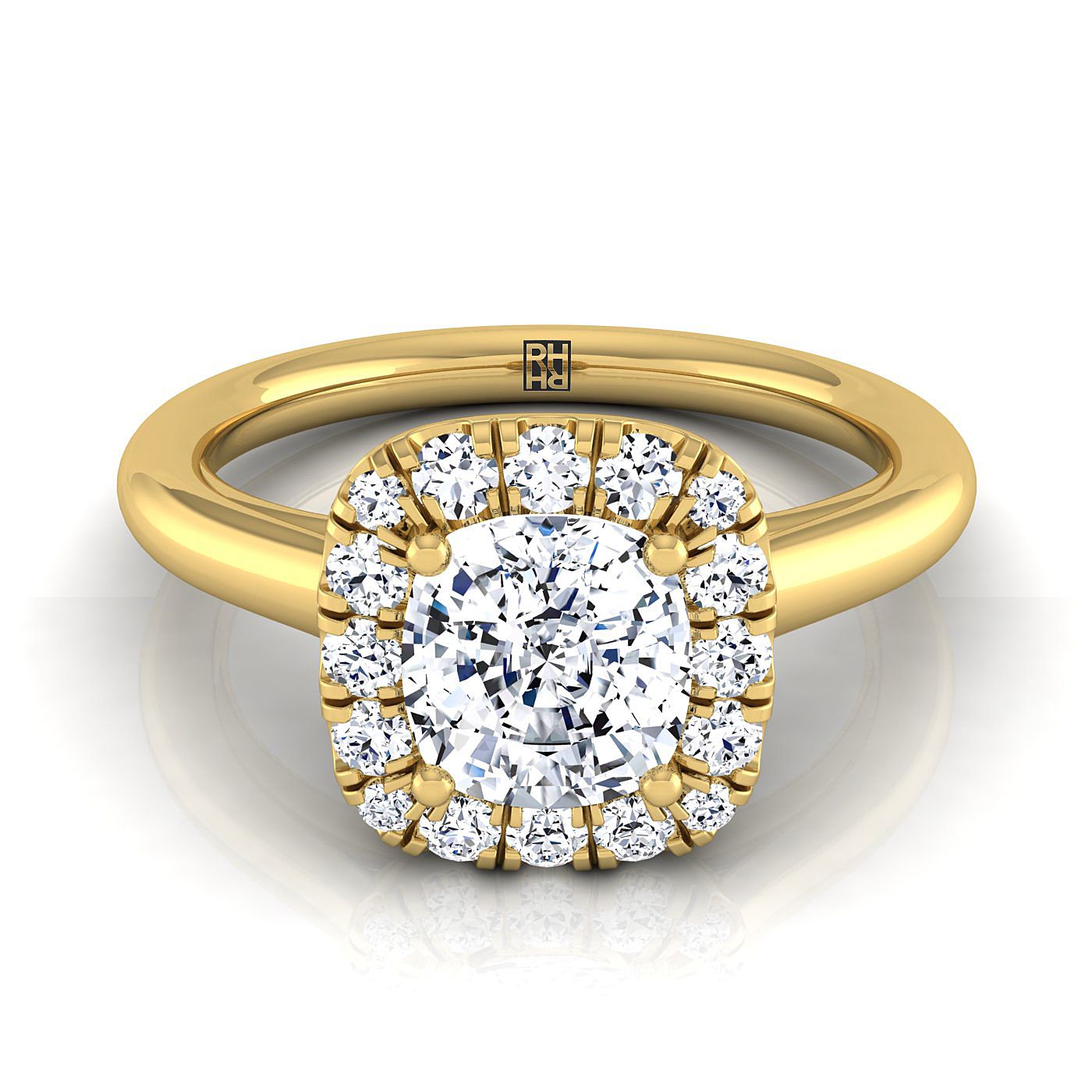 High Polish Simple Halo Cushion, in 18K Yellow Gold, prong setting – view 8 | RockHer