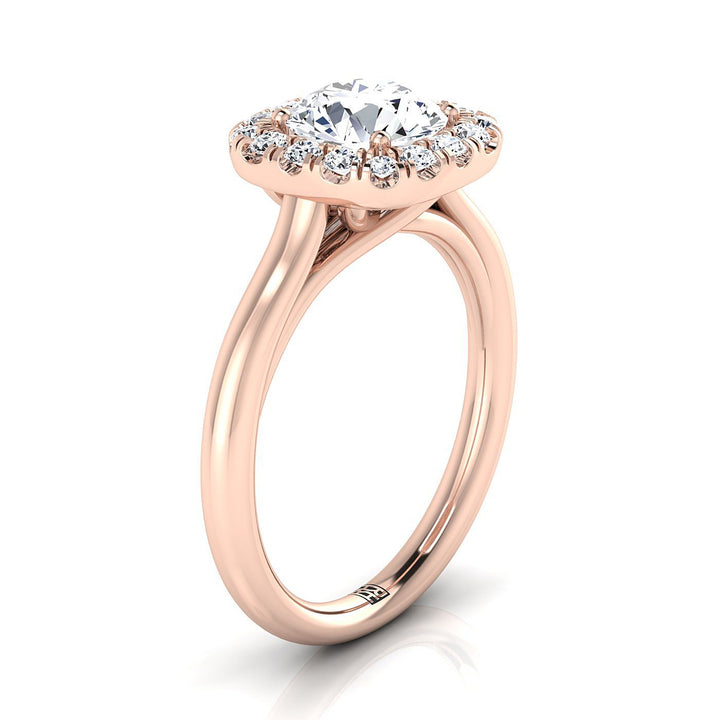Round Brilliant, High Polish Simple Halo, in 14K Rose Gold – side profile | RockHer