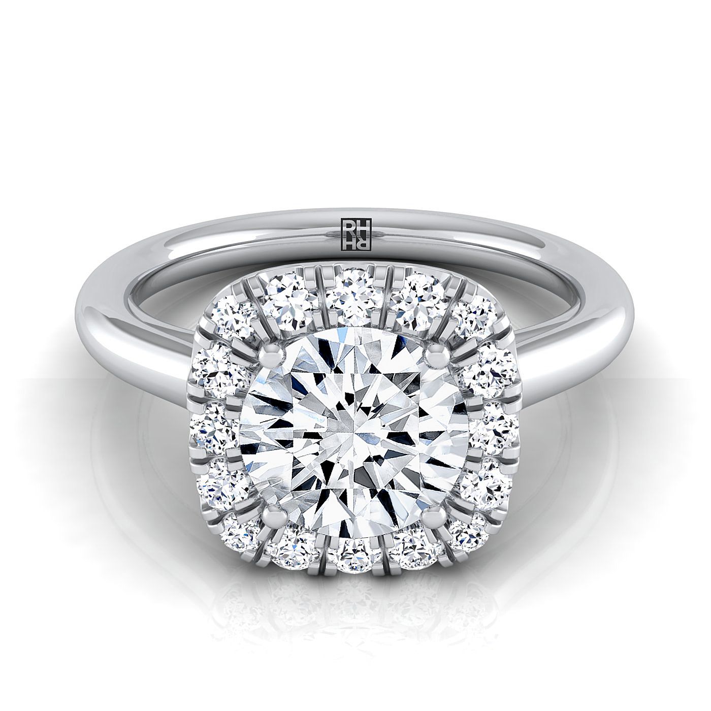 Round Brilliant, High Polish Simple Halo, in 18K White Gold, prong setting | RockHer