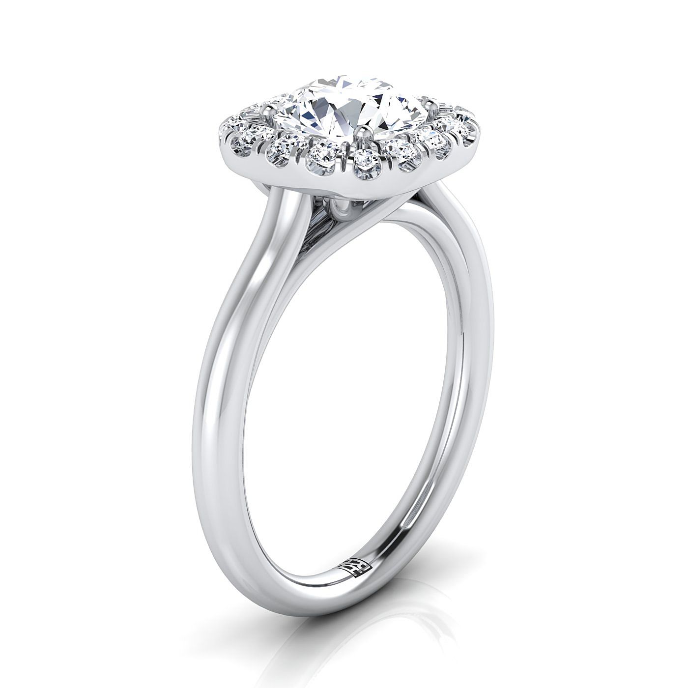 Round Brilliant, High Polish Simple Halo, in 18K White Gold, prong setting – side profile | RockHer