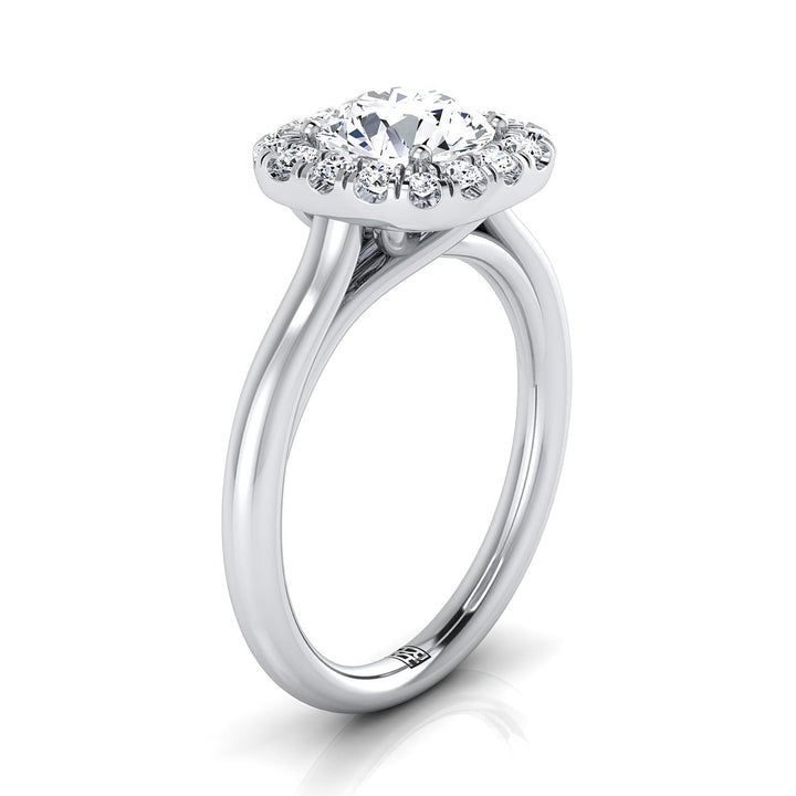 Round Brilliant, High Polish Simple Halo, in 18K White Gold, prong setting – side profile | RockHer