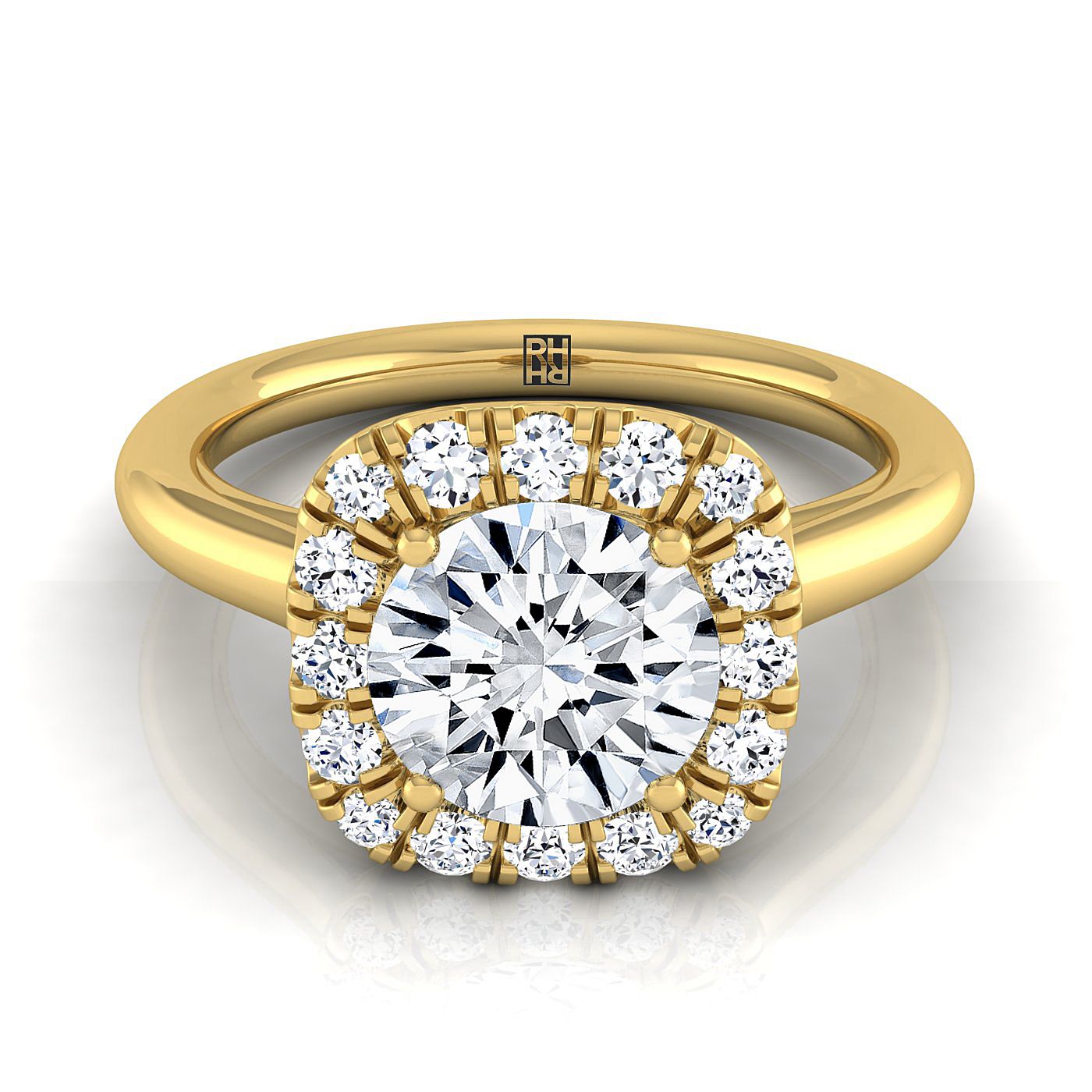 Round Brilliant, High Polish Simple Halo, in 18K Yellow Gold, prong setting | RockHer