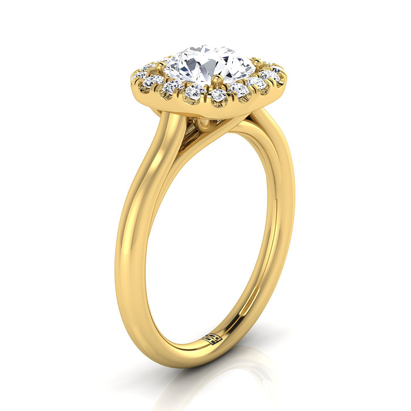 Round Brilliant, High Polish Simple Halo, in 18K Yellow Gold, prong setting – side profile | RockHer