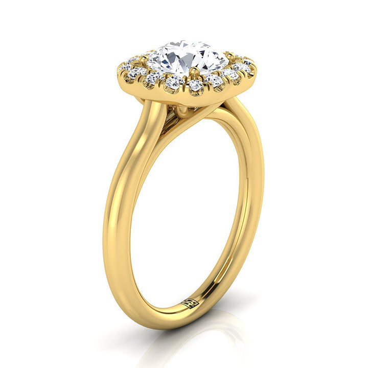 Round Brilliant, High Polish Simple Halo, in 18K Yellow Gold, prong setting – side profile | RockHer