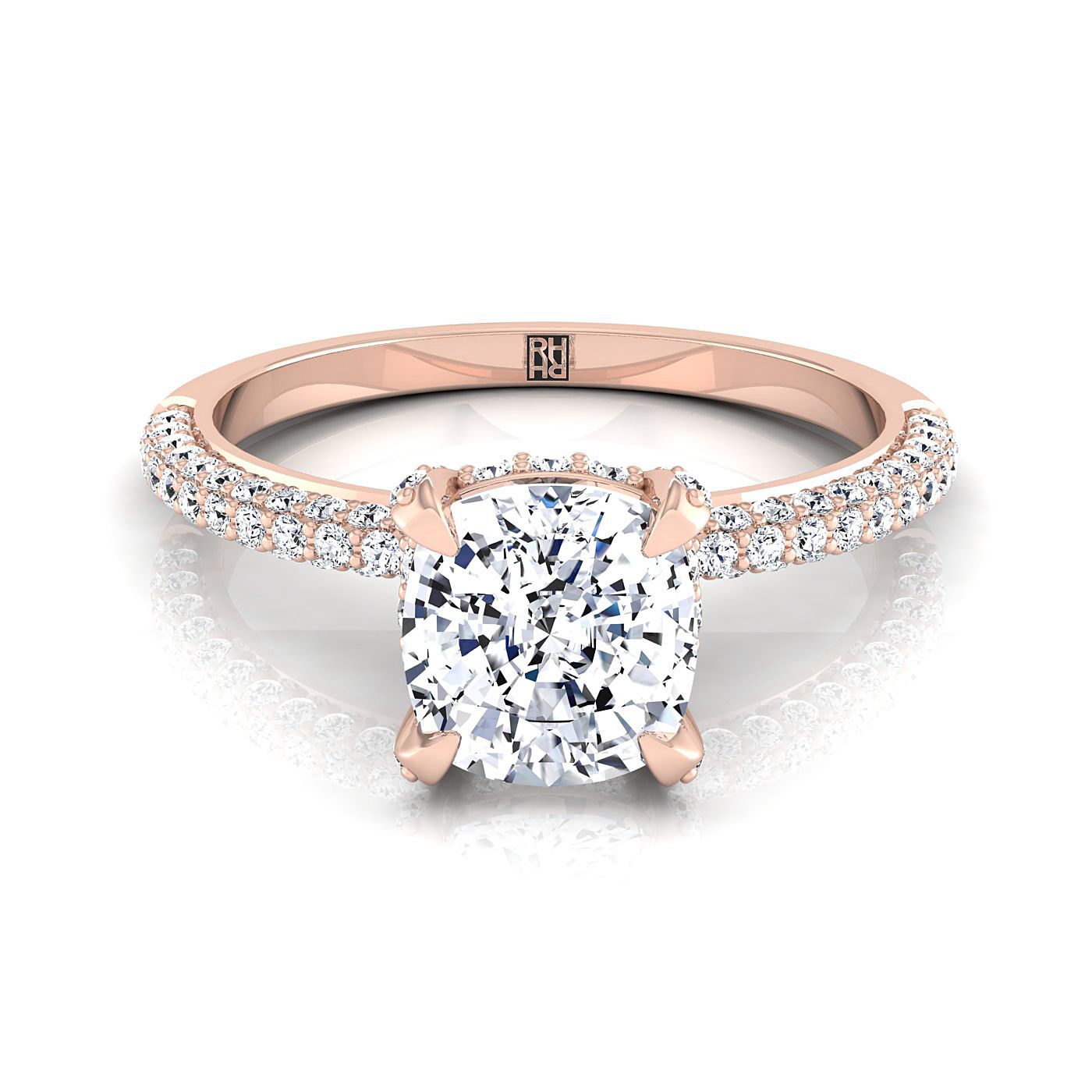Diamond Encrusted Claw Triple Pavé Cushion, in 14K Rose Gold, prong setting | RockHer