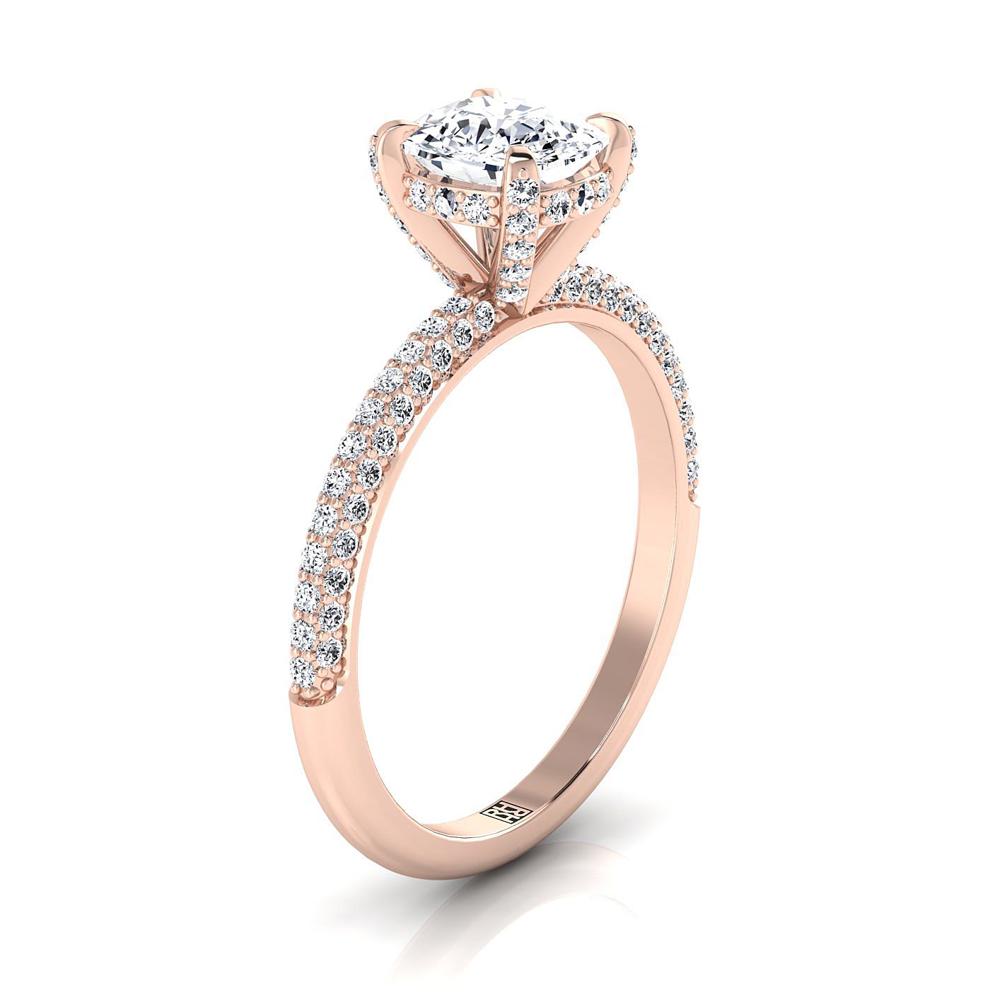 Diamond Encrusted Claw Triple Pavé Cushion, in 14K Rose Gold, prong setting – side profile | RockHer