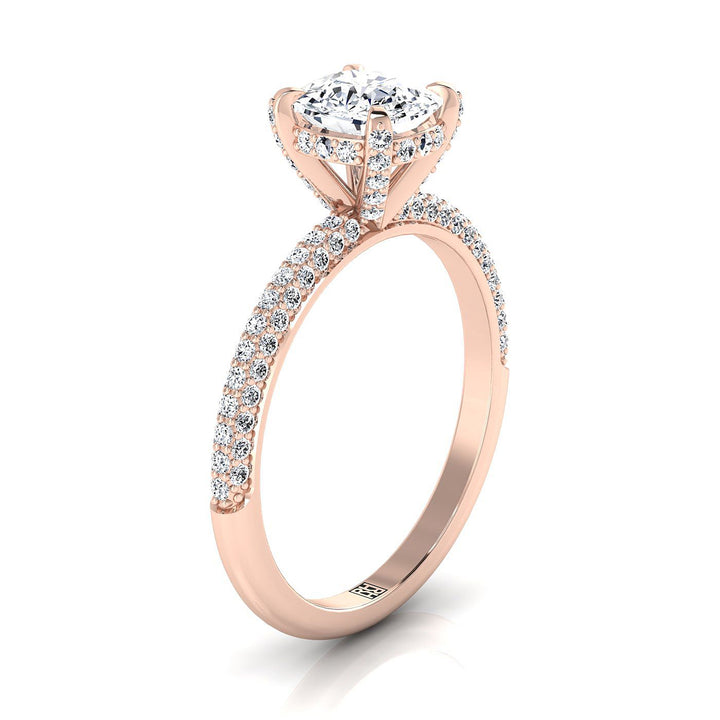 Diamond Encrusted Claw Triple Pavé Cushion, in 14K Rose Gold, prong setting – side profile | RockHer