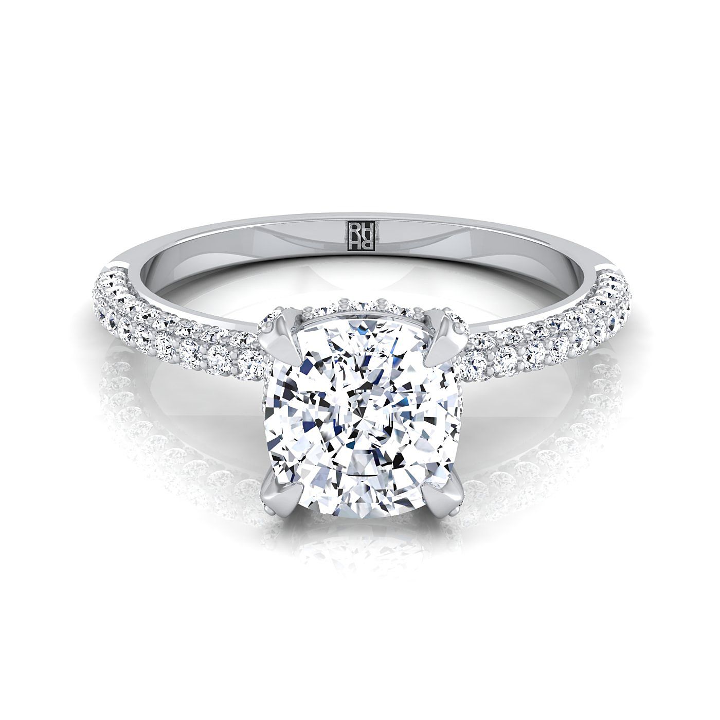 Diamond Encrusted Claw Triple Pavé Cushion, in Platinum – view 8 | RockHer