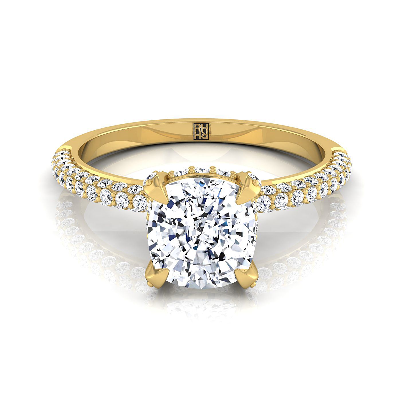 Diamond Encrusted Claw Triple Pavé Cushion, in 18K Yellow Gold – view 8 | RockHer