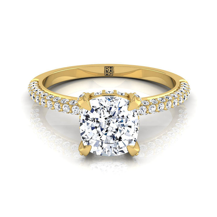 Diamond Encrusted Claw Triple Pavé Cushion, in 18K Yellow Gold – view 8 | RockHer