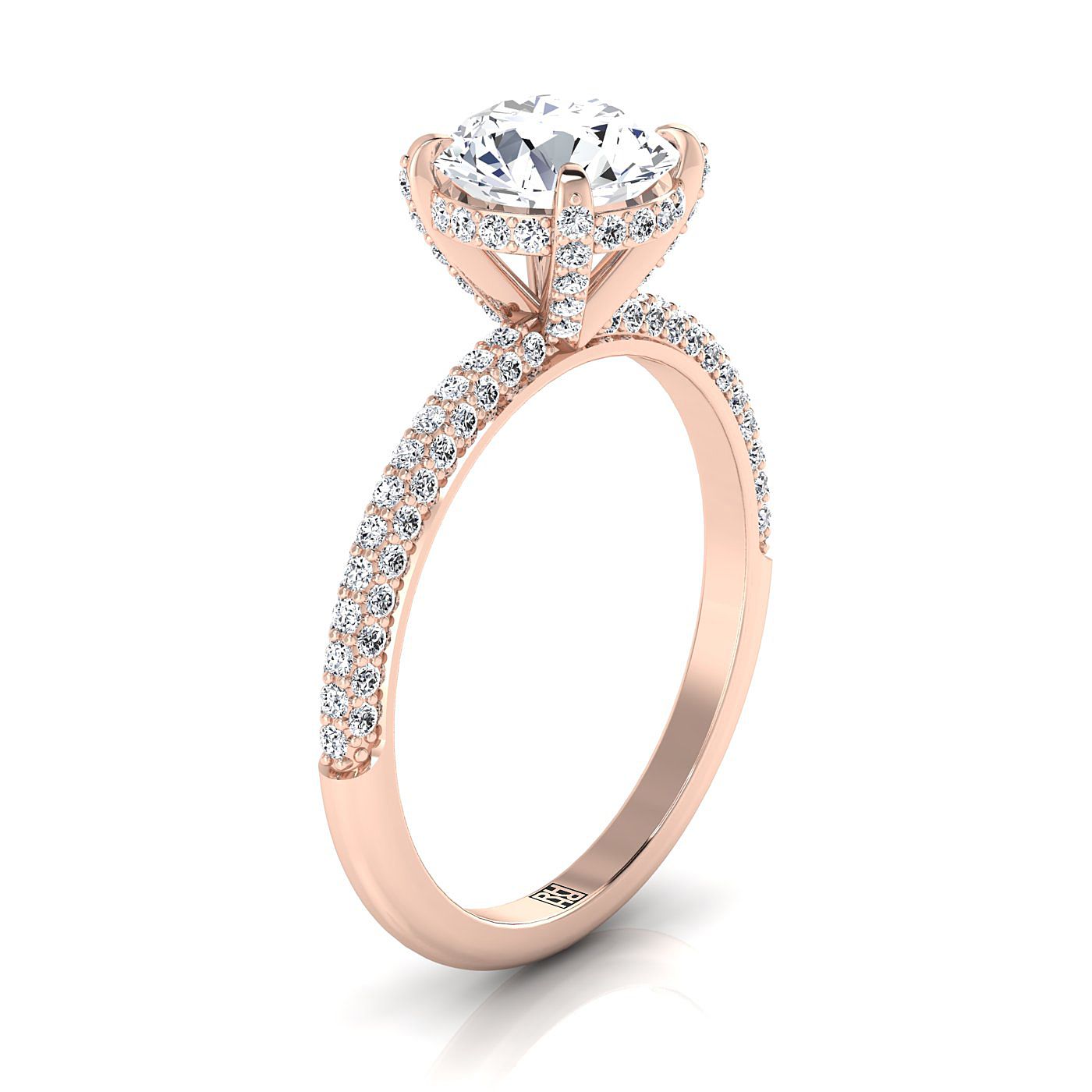 Round Brilliant, Diamond Encrusted Claw Triple Pavé, in 14K Rose Gold, prong setting – side profile | RockHer