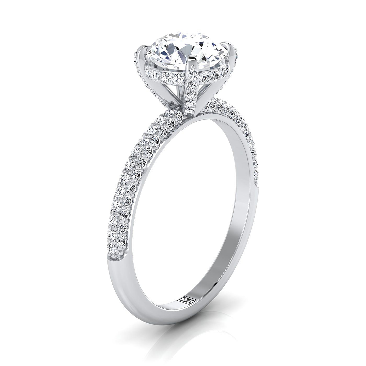 Round Brilliant, Diamond Encrusted Claw Triple Pavé, in Platinum – side profile | RockHer