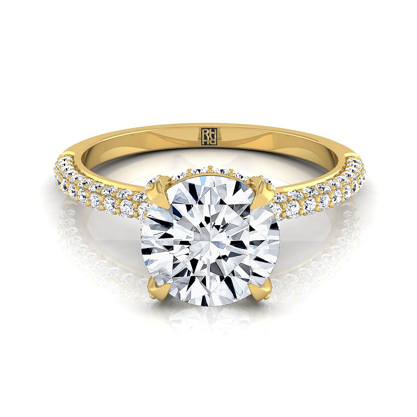 14K Yellow Gold Round Brilliant Diamond Encrusted Claws and Triple Pave Engagement Ring -1/2ctw