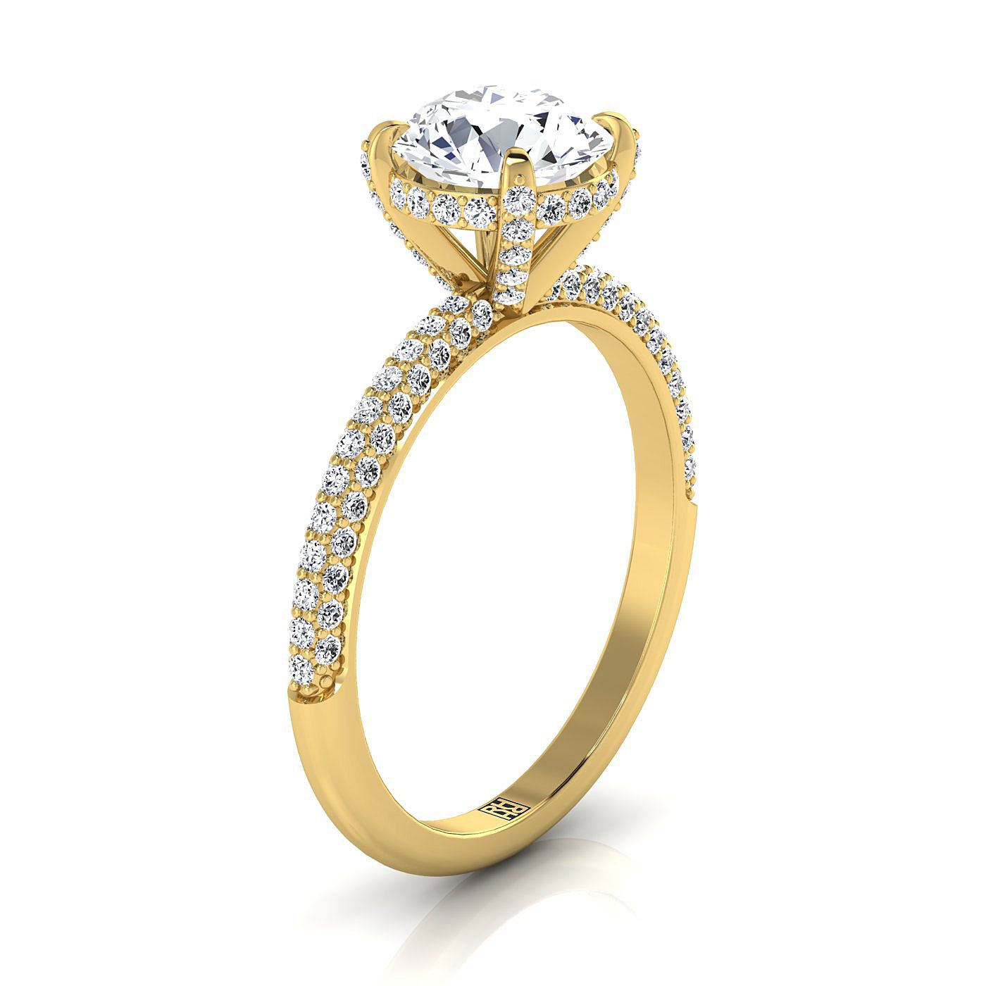 14K Yellow Gold Round Brilliant Diamond Encrusted Claws and Triple Pave Engagement Ring -1/2ctw