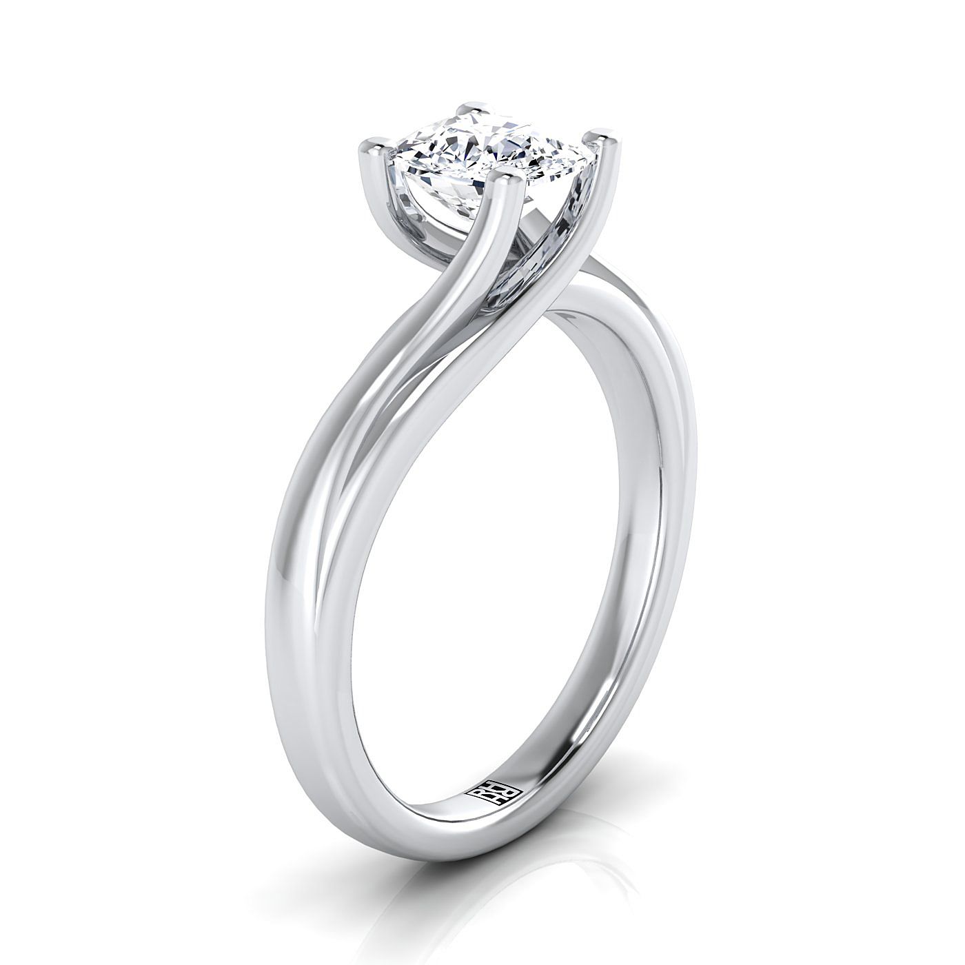 Twisted Bypass Solitaire Cushion, in 18K White Gold – side profile | RockHer