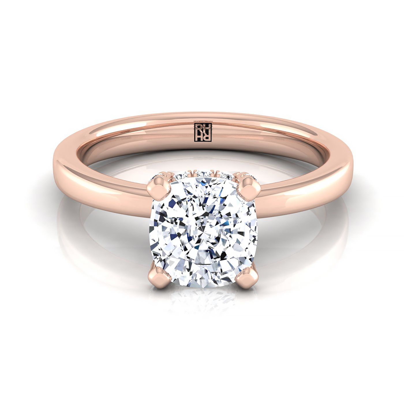 Secret Halo Adorned Prong Solitaire Cushion, in 14K Rose Gold – view 8 | RockHer