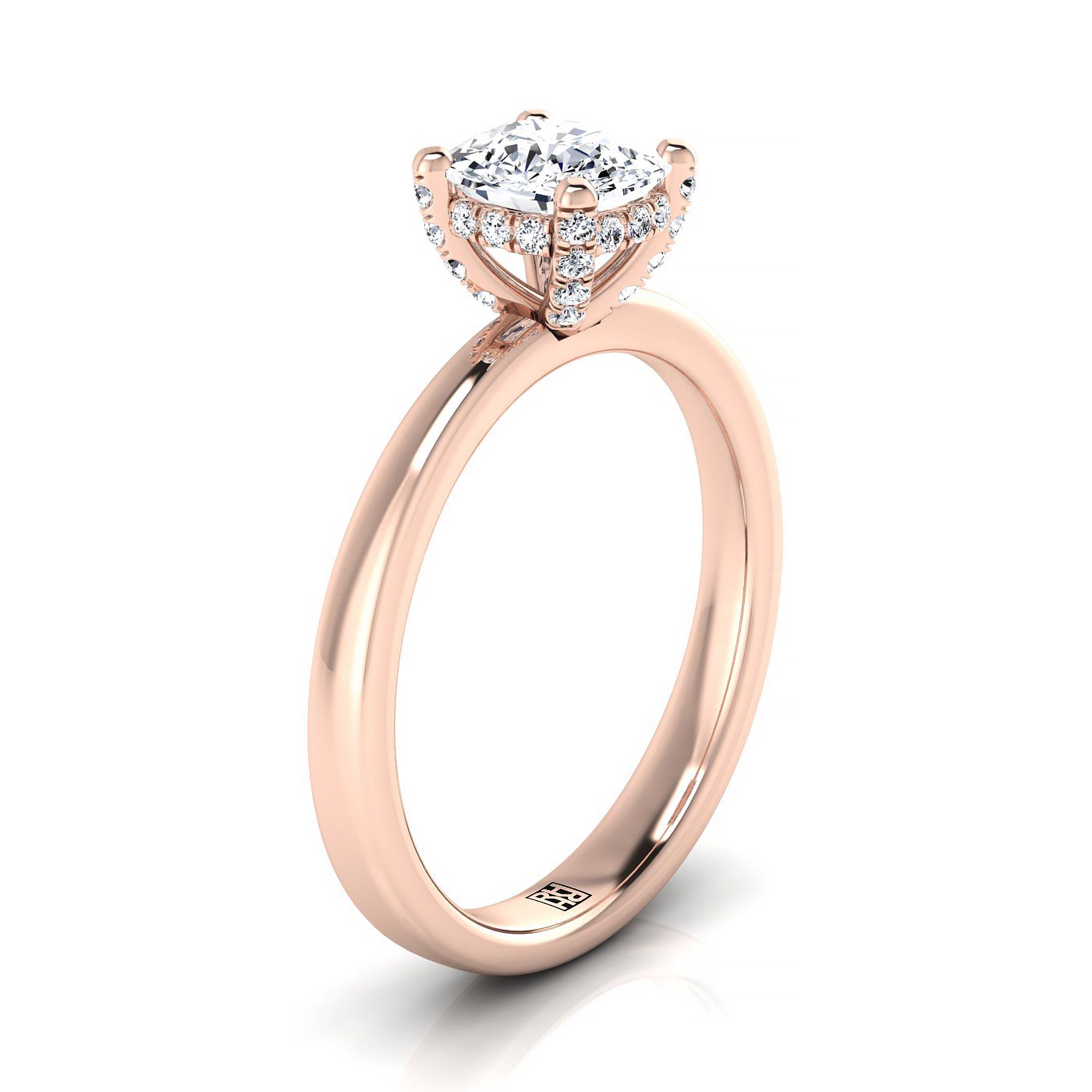 Secret Halo Adorned Prong Solitaire Cushion, in 14K Rose Gold – view 9 | RockHer