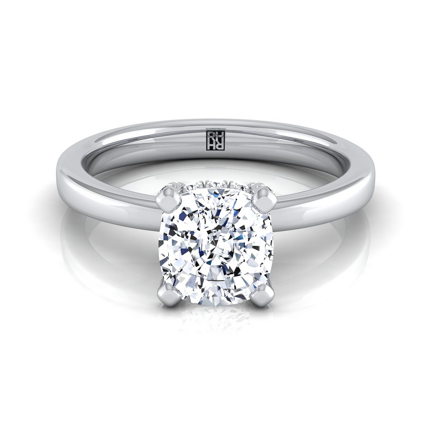 Secret Halo Adorned Prong Solitaire Cushion, in 18K White Gold – view 8 | RockHer