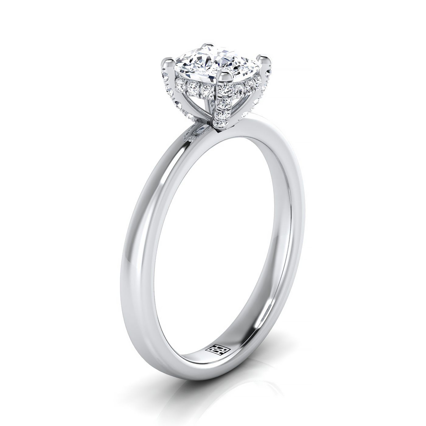 Secret Halo Adorned Prong Solitaire Cushion, in 18K White Gold – view 9 | RockHer