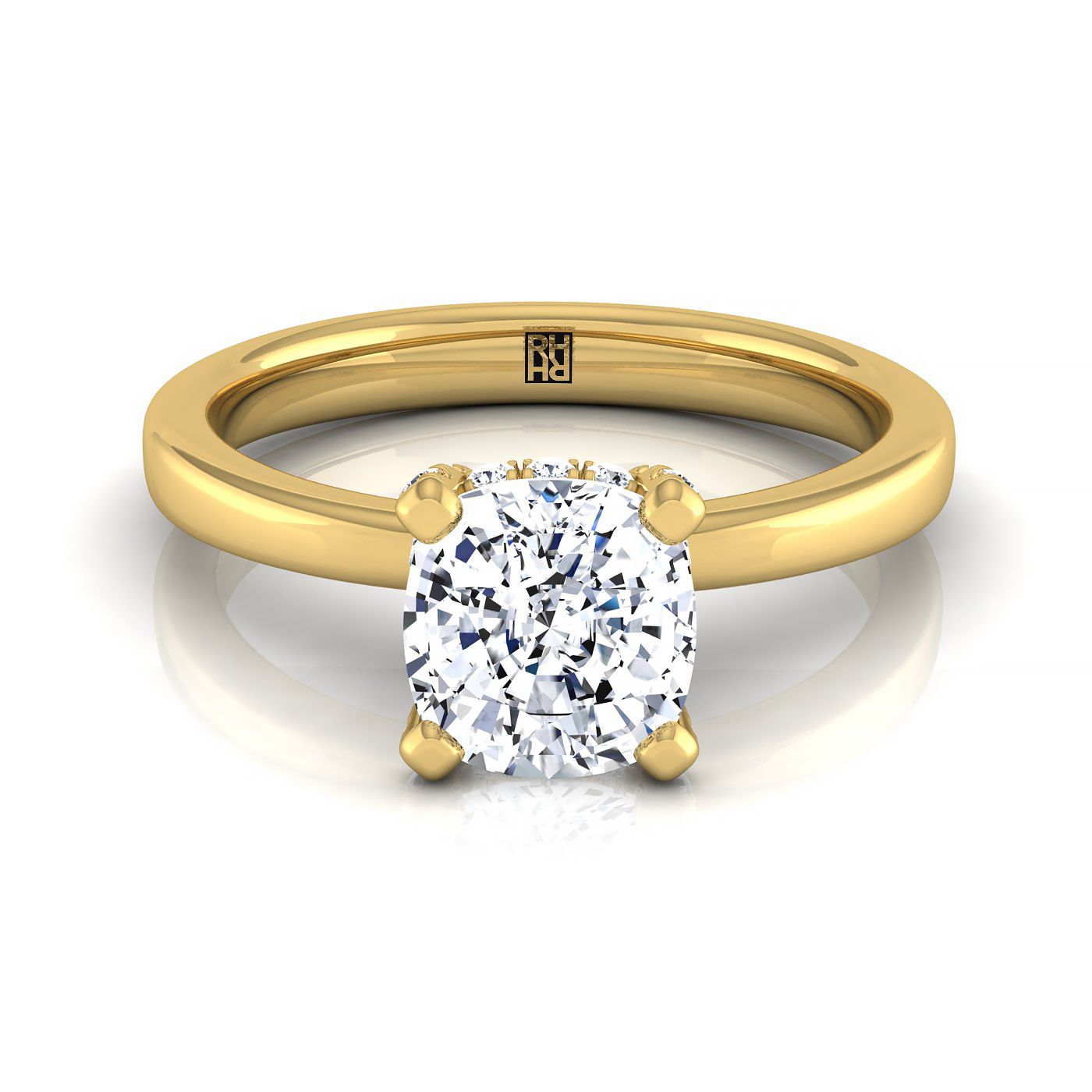 Secret Halo Adorned Prong Solitaire Cushion, in 18K Yellow Gold – view 8 | RockHer