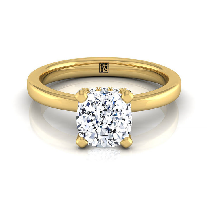 Secret Halo Adorned Prong Solitaire Cushion, in 18K Yellow Gold – view 8 | RockHer