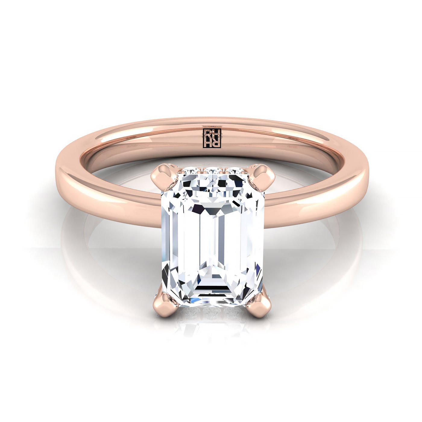 European Cut, Secret Halo Adorned Prong Solitaire Emerald, in 14K Rose Gold | RockHer