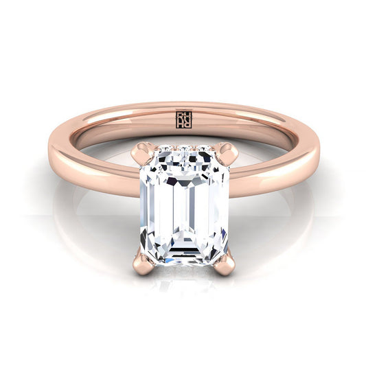 European Cut, Secret Halo Adorned Prong Solitaire Emerald, in 14K Rose Gold | RockHer