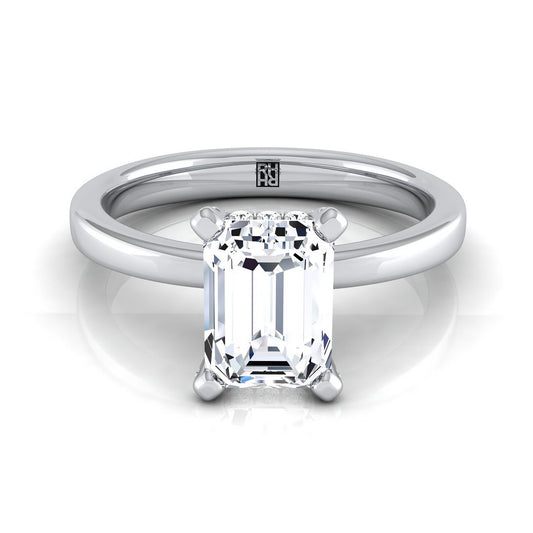 European Cut, Secret Halo Adorned Prong Solitaire Emerald, in Platinum | RockHer