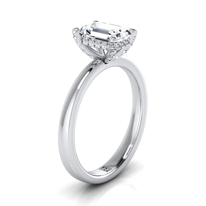European Cut, Secret Halo Adorned Prong Solitaire Emerald, in Platinum – side profile | RockHer