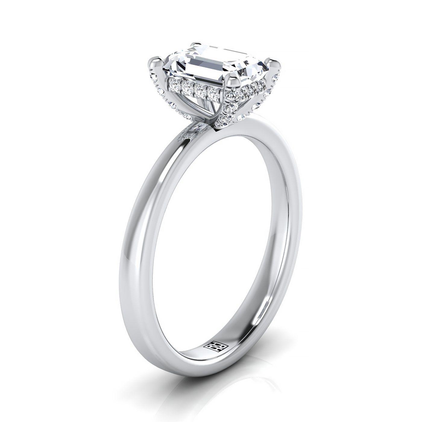 European Cut, Secret Halo Adorned Prong Solitaire Emerald, in 18K White Gold – side profile | RockHer