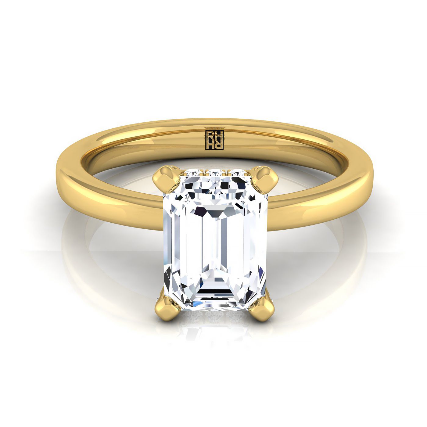 European Cut, Secret Halo Adorned Prong Solitaire Emerald, in 18K Yellow Gold | RockHer