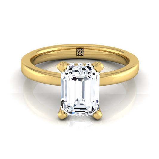 European Cut, Secret Halo Adorned Prong Solitaire Emerald, in 18K Yellow Gold | RockHer