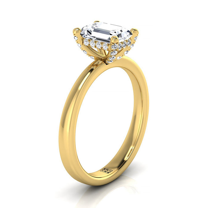 European Cut, Secret Halo Adorned Prong Solitaire Emerald, in 18K Yellow Gold – side profile | RockHer