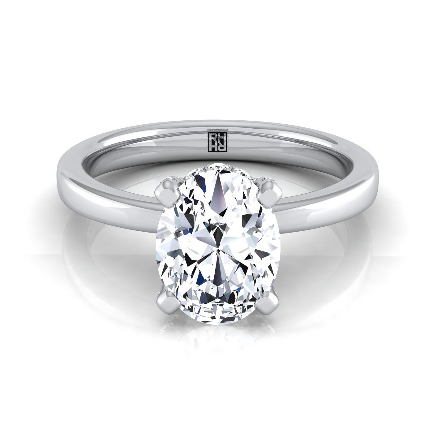 18K White Gold Oval Diamond Adorned Claws and Secret Halo Solitaire Engagement Ring -1/10ctw