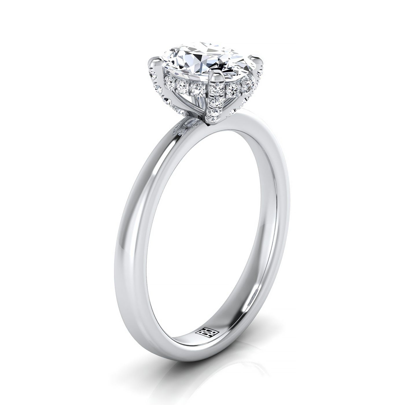 Secret Halo Adorned Prong Solitaire Oval, in Platinum – side profile | RockHer