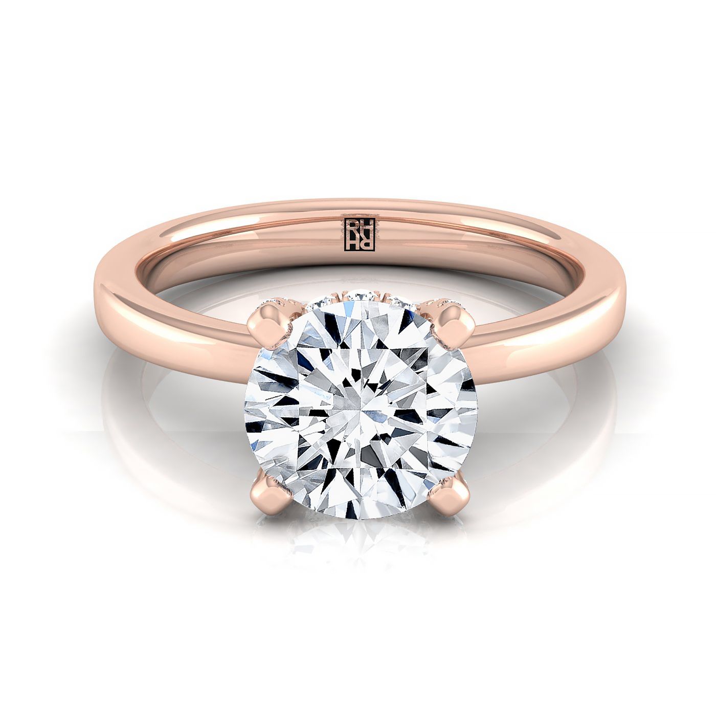 Round Brilliant, Secret Halo Adorned Prong Solitaire, in 14K Rose Gold – view 8 | RockHer