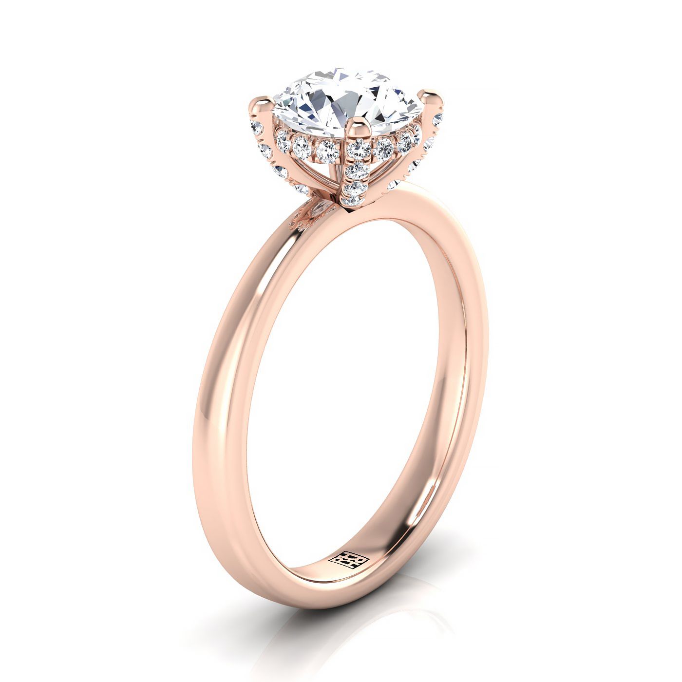 Round Brilliant, Secret Halo Adorned Prong Solitaire, in 14K Rose Gold – view 9 | RockHer
